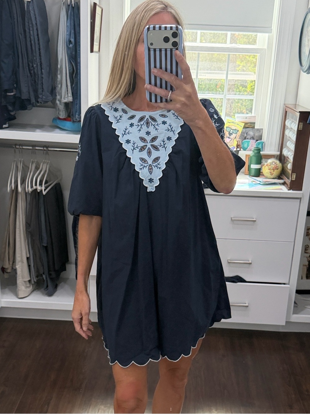 Pomander Place Navy Mini Dress with White Embroidered Bib